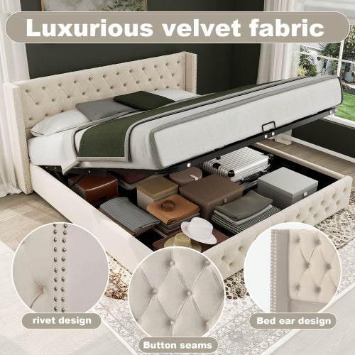 UK Local Upholstered Bed, 135x190, With Hydraulic Lever, Functional Bed From Storage,velvet, Beige