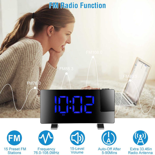 US Local 1 Pc Projection Alarm Clock With Radio Function Curved Screen LED Digital Alarm Clock With Dual Alarms 4 Dimmer 12-24 Hour USB Charging Port 180Degree Rotatable Projection