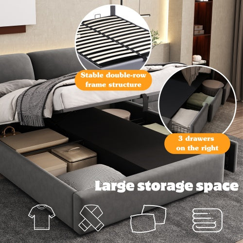 UK Local Upholstered Bed,Double Bed-4ft6 135x190cm Hydraulic Bed, Three Drawers, Bed Box For Storage, Slatted Frame With Headboard, Without Mattress, Velvet, Grey