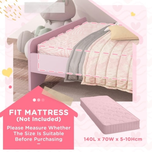 UK Local ZONEKIZ Bed For Kids Cat Design Toddler Bed Frame Bedroom Furniture With Guardrails, For 3-6 Years, 143L X 74W X 72Hcm - Pink