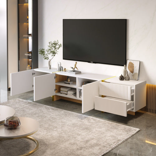 UK Local 190 Cm TV Cabinet, 3 Doors, 2 Drawers, White With Gold And Wood Grain