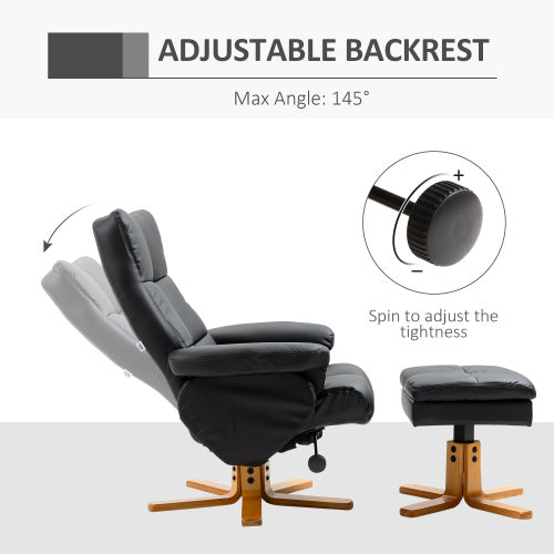 UK Local HOMCOM Recliner Armchair, Swivel Reclining Chair With Ottoman, Swivel Faux Leather Chair With Wooden Base And Storage Footstool For Living Room, Black