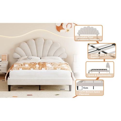 UK Local 4ft6 Double Upholstered Velvet Bed Frame, With Adjustable Chic Petal Headboard, Velvet Platform Bed Frame With Solid Wood Slat, No Box Spring Needed, Easy Assembly, Beige