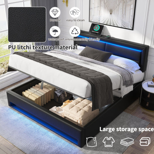 UK Local Upholstered Bed 135 X 190 Cm,Double Bed-4ft6,with USB Port Supports Wireless And Wired Charging, With LED Lighting And Storage Space, Without Mattress, PU-Lychee Design, Black