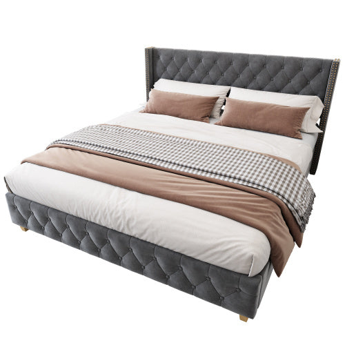 UK Local Upholstered Bed,Double Bed-4ft6 135x190cm,With Slatted Frame And Headboard, Button Upholstery, Rivet Upholstery, Wooden Legs, Velvet, Grey