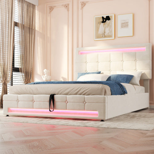 UK Local Upholstered Bed, Hydraulic Bed, Adults Teenagers 4ft6 Double Bed 135x190cm, Square Embellishment, With 7colors LED-light Strips, Velvet Iron, Beige