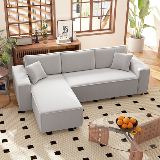 US Local Corner Sofa With Reversible Chaise Lounge, Corduroy L-Shaped Sectional Sofa With Pocket Spring, Light Gray