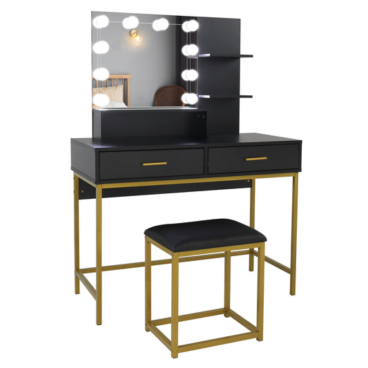US Local Black, Particleboard, Steel Frame, Two-drawer, Three-tier Shelf, Dressing Table Set, Three-tone Light, Light Luxury
