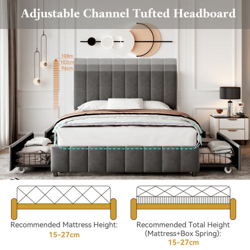 UK Local 4ft6 Double Upholstered Bed With 4 Storage Drawers, Velvet Platform Bed Frame With Adjustable Channel Tufted Headboard, Metal-Wood Support, No Box Spring Needed, Easy Assembly, Grey No Mattress