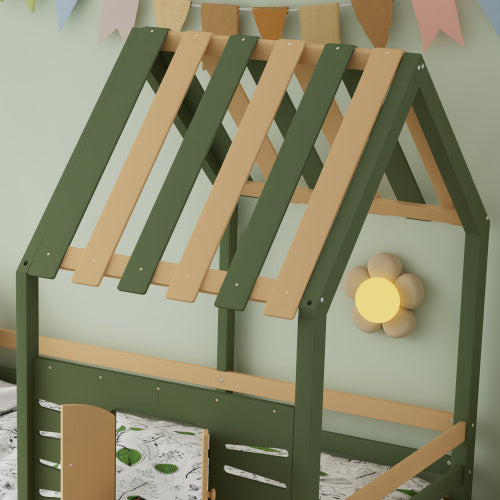 UK Local Wooden Bed, Children S Bed, 3ft Single Bed 90x190cm, MDF Pinewood Plywood, Two Storage Drawers, Roof Shape With A Window, Green Natural