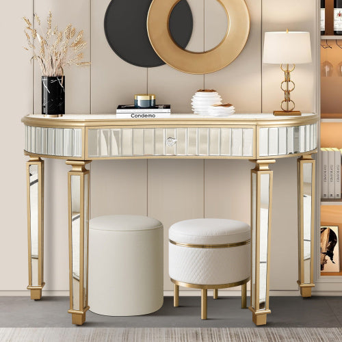 US Local 47 Half Moon Mirrored Console Table With Fluted Glass Crystal Knob Drawer Silver Entryway Vanity Desk For BedroomDressing RoomGold Sliver