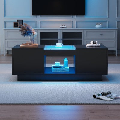 UK Local LED Coffee Table For Living Room, Modern Coffee Table With Storage With LED Lights, 2 Tiers And 2 Drawers, Large Living Room Center Tables Black