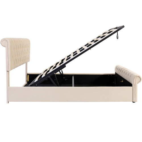 UK Local Upholstered Bed 5ft,150x200, 5ft King Bed, Luxurious Velvet Button-Tufted Sleigh Bed Storage, Functional Bed With Slatted Frame And Storage, Beige