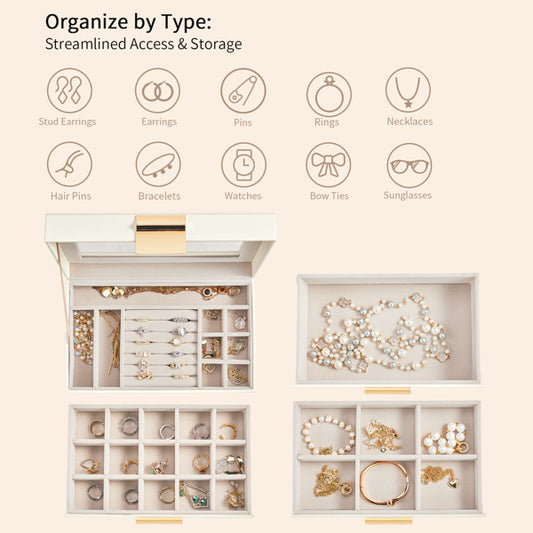 US Local Top Visible Storage With 2-drawer White Cabinet And Pink Velvet Jewelry Box