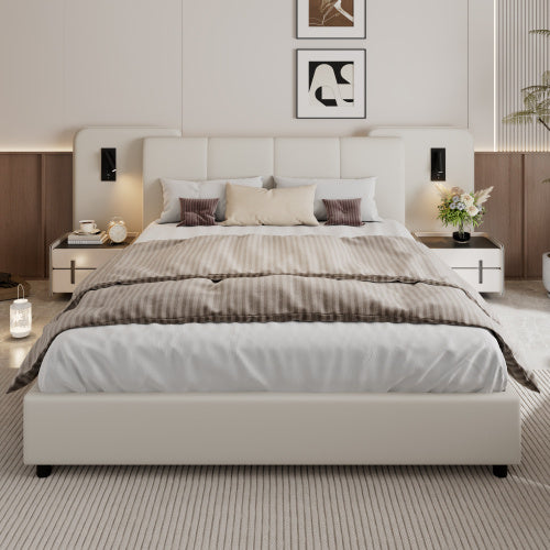 UK Local Upholstered Bed, With Charging Port And Lighting, 4ft6 Double Bed 135x190cm, Soft Sponge Headboard Backrest, Anti-collision Sponge Filling, PU Plywood,
