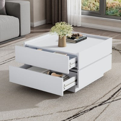UK Local Square 360 Rotating Coffee Table With 2 Drawers, Wooden 2-Tier Center Table With Swivel Tabletop And Storage, Tea Table , WhiteTable Frame Side Table For Living Room