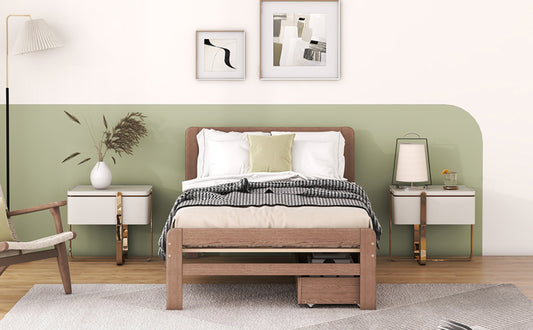 US Local Modern Design Twin Size Platform Bed Frame With 2 Drawers For Walnut Color