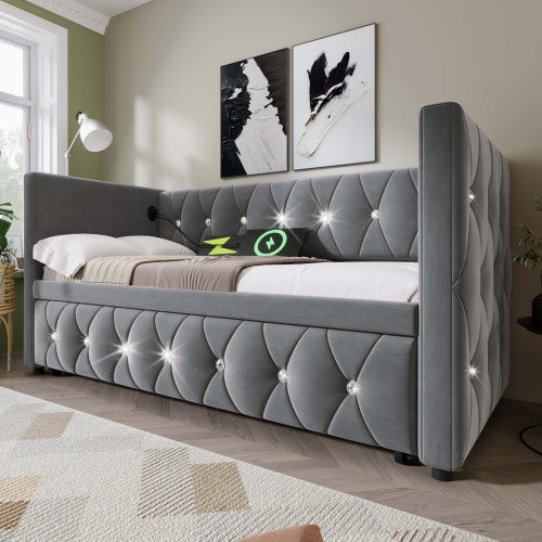 UK Local Daybed Single Upholstered Bed Sofa Bed With USB &Type C Charging Station, 3FT Single Bed 90 X 190 Cm With Trundle ,Pull Out Trundle For Living Room And Bedroom, Velvet
