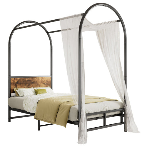 UK Local Metal Bed, 3FT Single Bed 90x190cm, Durable And Sturdy, Canopy Twin Bed, Iron Bed For Adults Teenagers, Blackwood Color Bed Frame Only, Drape Not Included