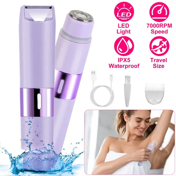 US Local 2 In 1 Bikini Trimmer For Women Dual Head Cordless Body Shaver IPX5 Waterproof Rechargeable Pubic Hair Razor Wet And Dry Use For Bikini Underarm Leg Arm Body Face