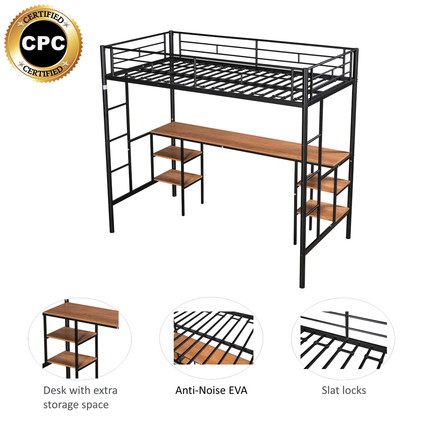 US Local Twin-Size Loft Bed With Built-in Table & Shelves - Heavy-Duty Metal