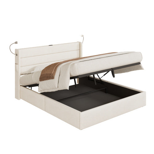 UK Local King Upholstered Bed With Charging Station, Linen Hydraulic Storage Bed With Adjustable LED Reading Light, 5ft Double Bed Frame With USB And Type C Ports, No Box Spring Needed, Beige