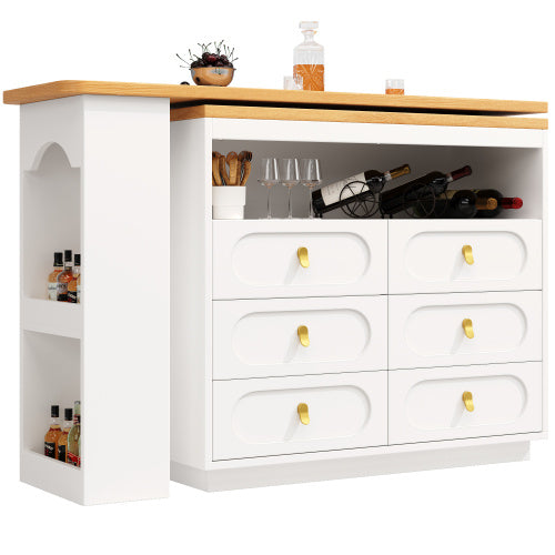 UK Local 360 Rotating Bar Table Main Body 137 X 39 X 90 Cm, Coffee Bar Furniture, Rotating Dining Bar With Storage, Kitchen Island, With Spice Rack, Six Drawers, Open Storage Space, White