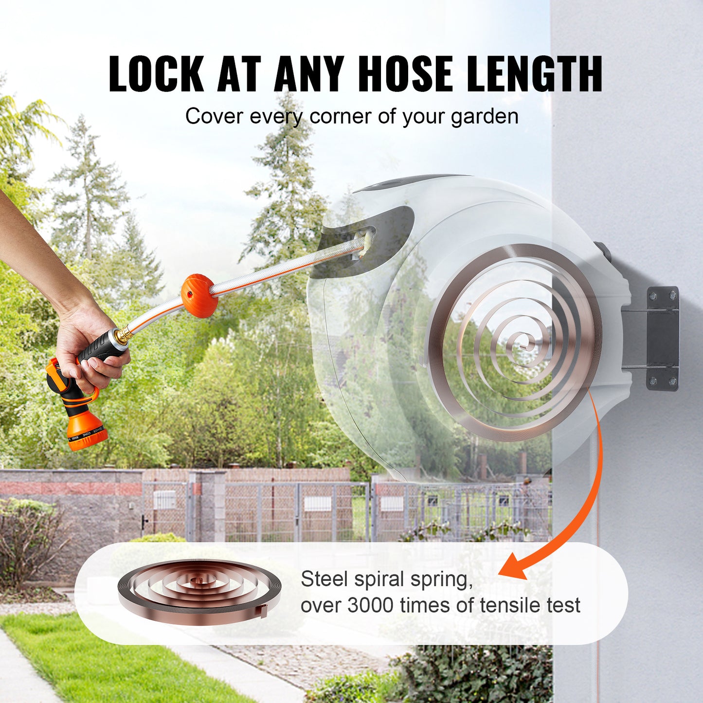 VEVOR Retractable Hose Reel Water Hose Reel 130inch Swivel Wall-Mounted