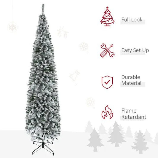 CA Local 9 ft Flocked Christmas Tree, Pencil Christmas Tree With Realistic Branch Tips, Folding Metal Stand, Green