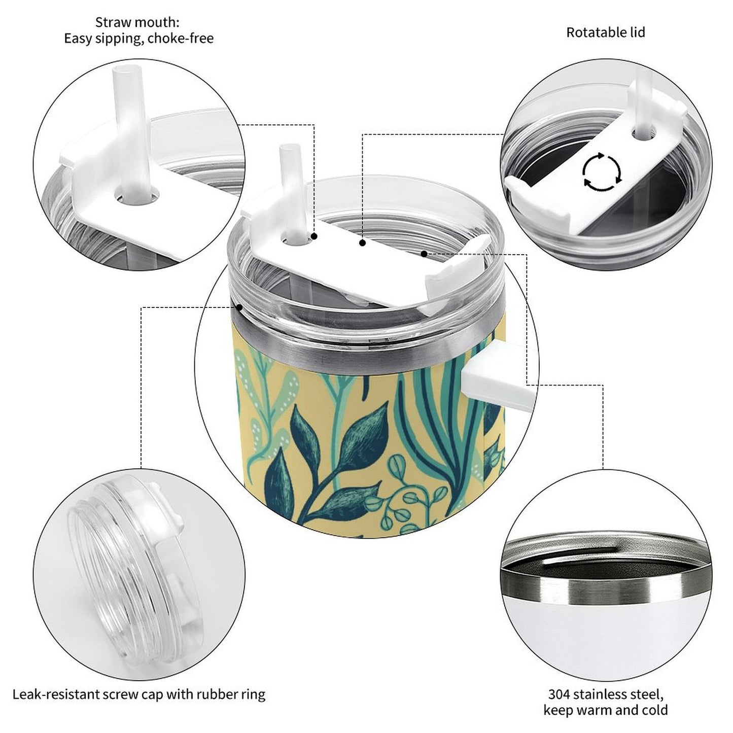 PHDT00093 POD US Local Tumbler 40 oz Large Capacity Car Cup Leaves, Yellow, Green