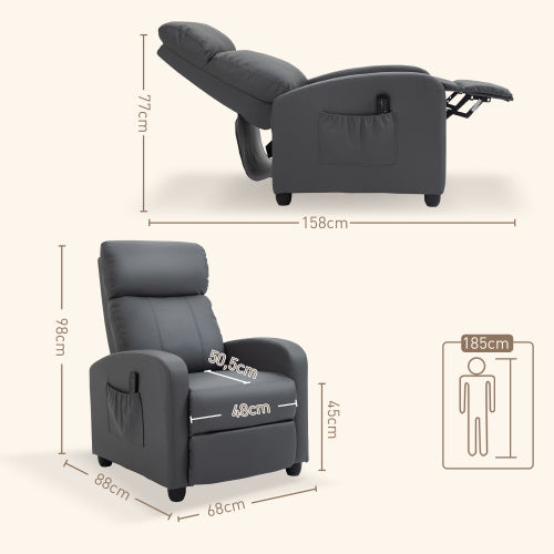 UK Local HOMCOM Recliner Armchair, Massage Faux Leather Push Back Reclining Chair With Adjustable Leg Rest, Side Pocket, For Home Living Room Theatre, Grey