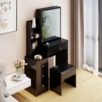 US Local 29.2 Small Space Left Bedside Cabinet Vanity Table Cushioned Stool, Extra Large Right Sliding Mirror, Multi Layer High Capacity Storage, Practical Fashionable Dresser, Suitable For Small Space