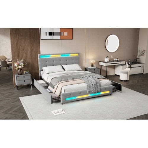 UK Local Upholstered Bed, 4ft6 Double Bed 135x190cm, Storage Bed, Soft Backrest, 4 Drawers With Pulleys, Light Strips Around The Bed, Metal Underbed Bracket, With Bed Slats, For Adults Teenagers, Velvet,Grey