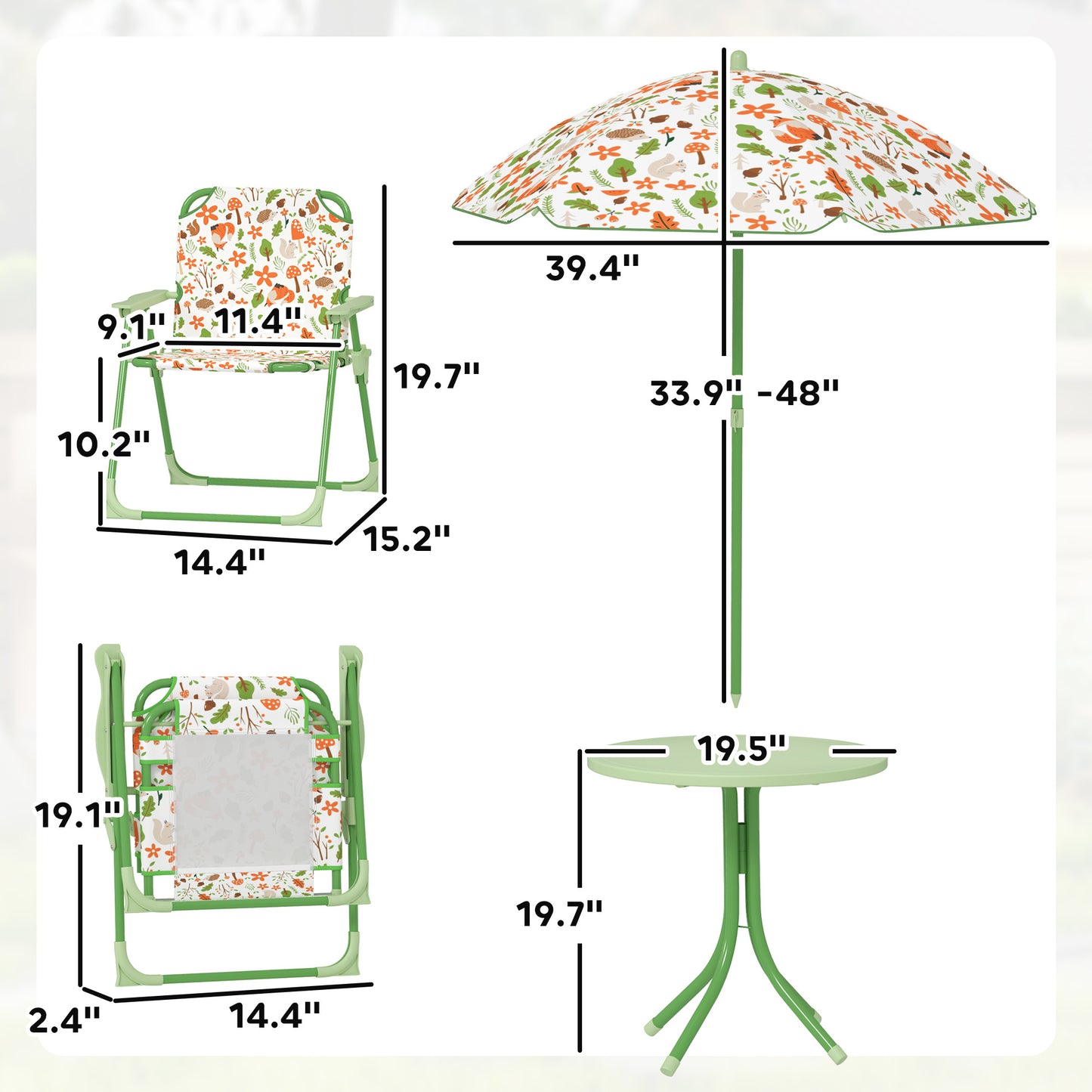 US Local Kids Picnic Table And Chair Set, Outdoor Activity Table With Foldable Chairs, Removable Umbrella For Backyard, Green