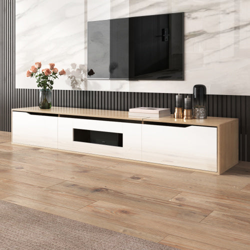 UK Local TV Cabinet, High Gloss TV Cabinet, Color Matching High-glosswhite And Wood Color, With Color Changing LED Light.