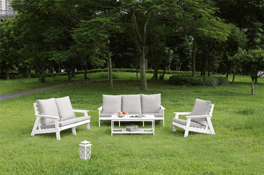US Local HIPS 3 Seater Sofa With Cushion, Wood Grain Outdoor Garden Sofa,White Grey