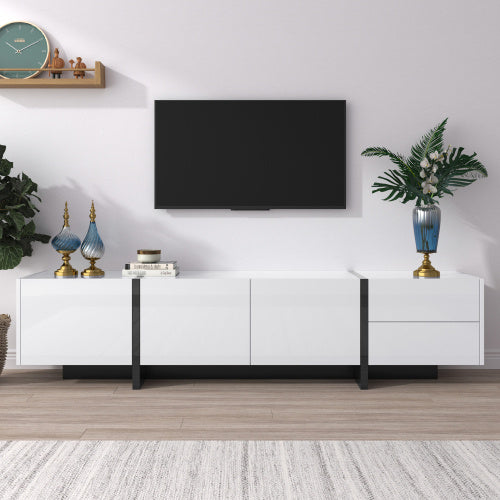 UK Local TV Cabinet, Low Panel With Colorblocked Legs In High-gloss White And Black, With Doors And Drawers, Doors With Shelves. Simple Line Design.
