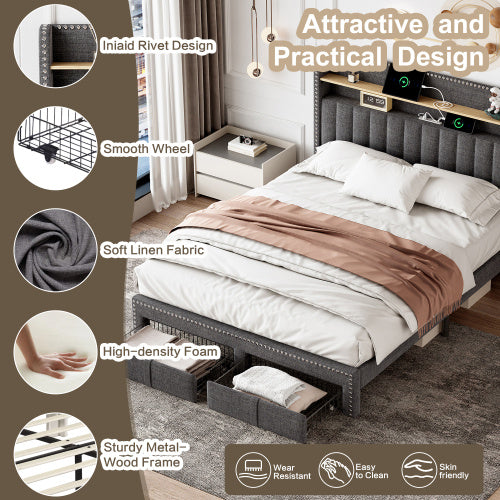 UK Local 4ft6 Double Upholstered Bed With 2 Storage Drawers, Riveted Storage Bed With Charging And Lighting, Linen Platform Bed Frame No Box Spring Needed, Easy Assembly, Grey No Mattress