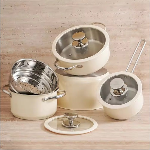 US Local 9 pcs Stainless Steel Ceramic Coated Pot Set, Including 1 Milk Pot, 2 Stockpots, 1 Non-stick Pan, 4 LIDS And 1 Steamer