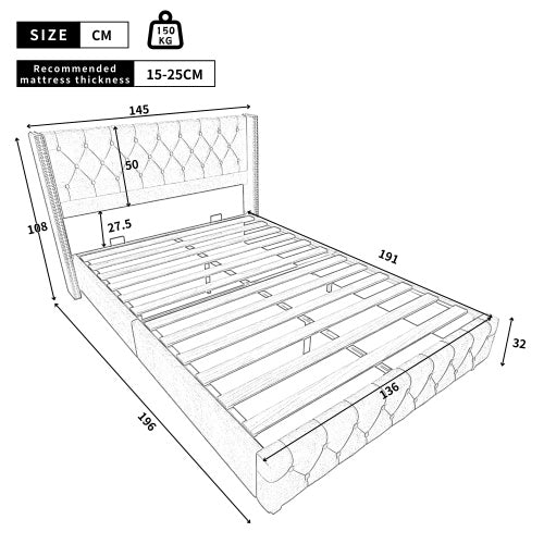 UK Local Upholstered Bed,Double Bed-4ft6 135x190cm,With Slatted Frame And Headboard, Button Upholstery, Rivet Upholstery, Wooden Legs, Velvet, Grey