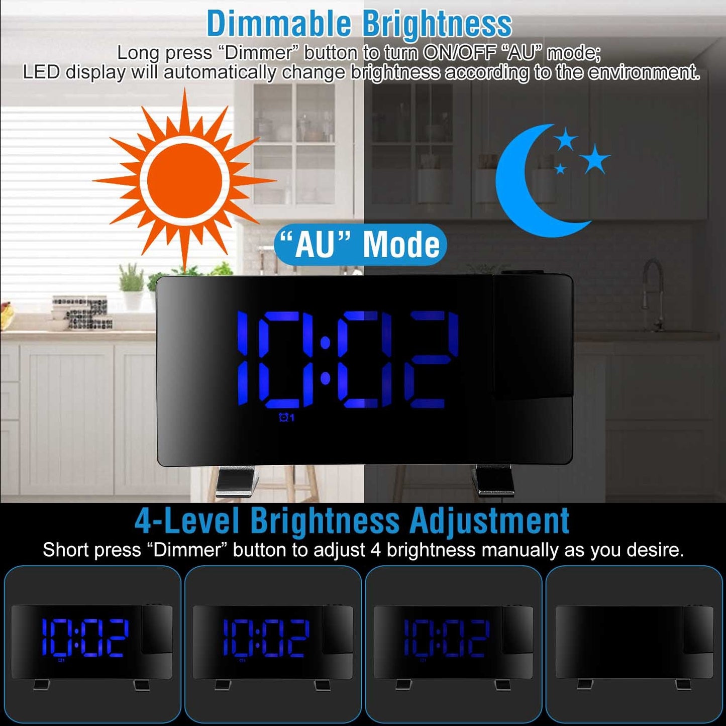 US Local 1 Pc Projection Alarm Clock With Radio Function Curved Screen LED Digital Alarm Clock With Dual Alarms 4 Dimmer 12-24 Hour USB Charging Port 180Degree Rotatable Projection