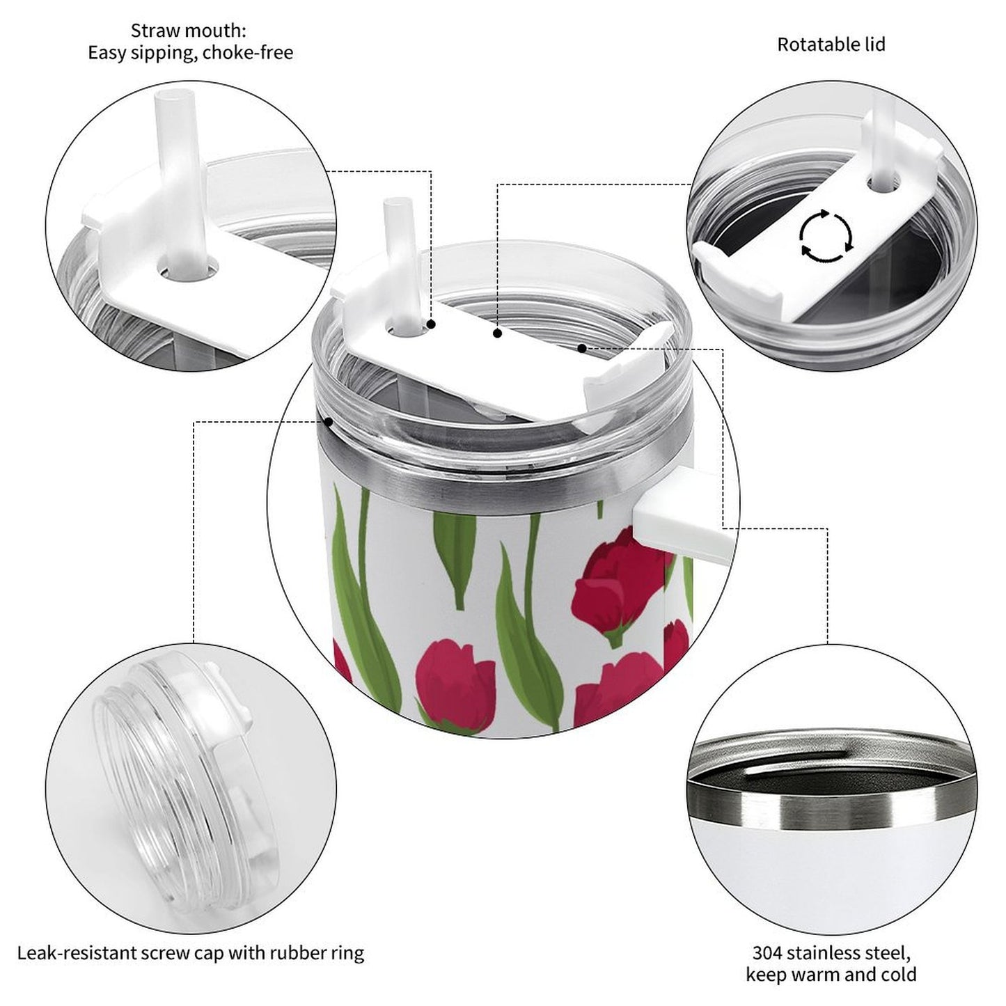 PHDT00445 POD US Local Tumbler 40 oz Large Capacity Car Cup Roses, Red Green