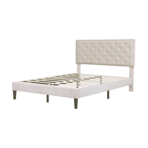 UK Local 4ft6 Double Upholstered Velvet Bed Frame, With Adjustable Button-Tufted Riveted Headboard, Velvet Platform Bed Frame With Solid Wood Slat And Mute Foam, No Box Spring Needed, Easy Assembly, Beige