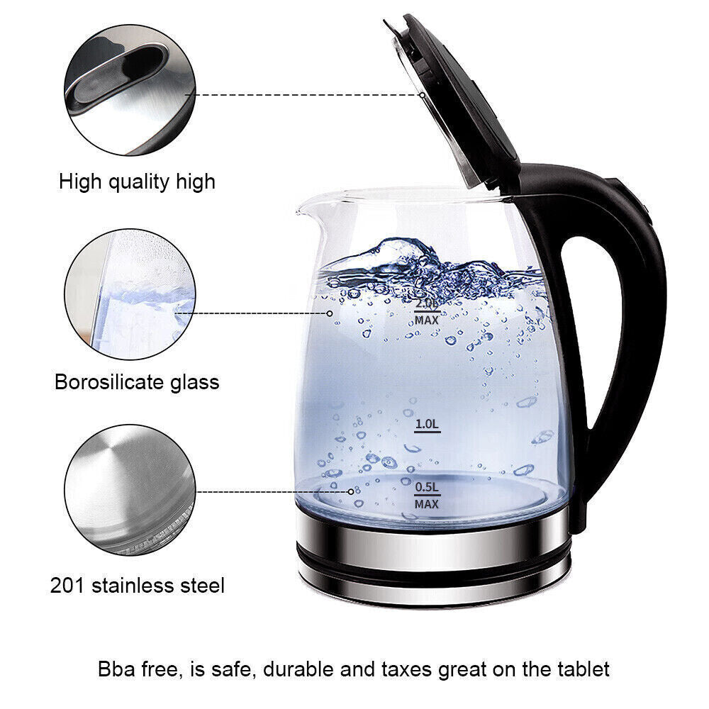 UK Local 2L Electric Kettle Glass 360 Blue LED Illuminated Portable Jug Protection 1800W