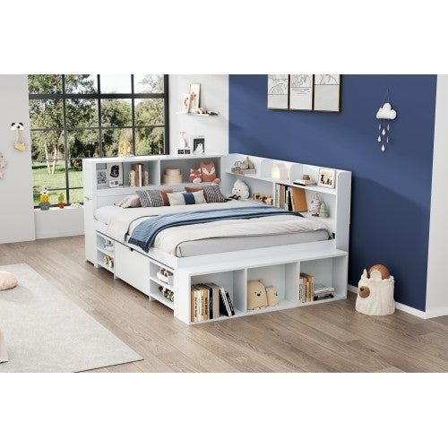 UK Local Children's Bed, Double Bed-4ft6 135x190cm Multifunctional Children's Bed With Drawers, Bookcase And Storage Cupboard, Large Storage Space, Slatted Frame, Without Mattress, White
