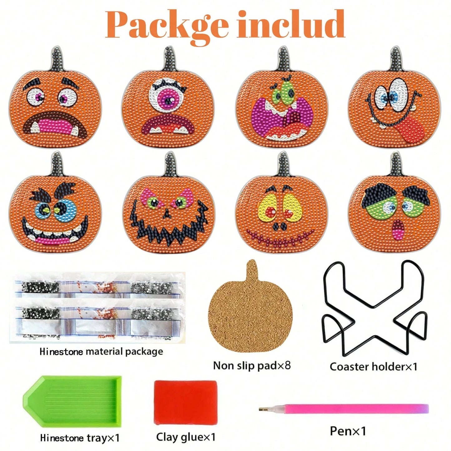 8 Pcs Halloween Pumpkin Diamond Art Coasters With Holder Cartoon Pumpkin Diamond Painting Coasters Autumn DIY Painting Kit Orange Crafts For Thanksgiving Gift