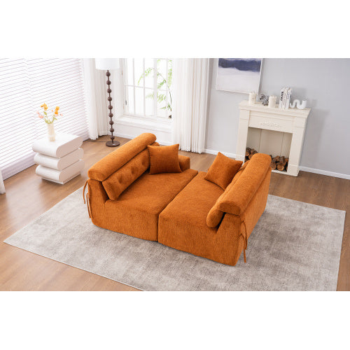 US Local LY-029 ORANGE COMPRESSION SOFA 4-seater Combined Sofa, Wood Grain Chenille Fabric, Full Sponge Compression Sofa,combined Sofa With 2 Pillows For Living Home Furniture Apartment