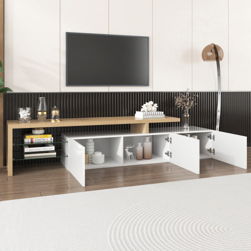 UK Local Modern TV Cabinet Design Stylish And Elegant, Practical Storage, High-gloss White, Wooden Look, Glass Shelves, LED Lighting