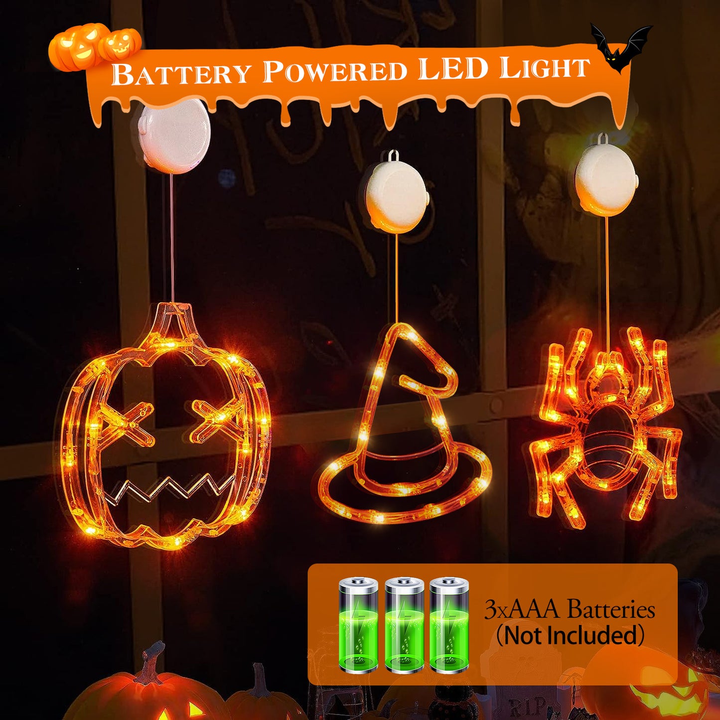 US Local Set Of 3 Pack Halloween Window Light Spider Witch Hat Pumpkin With Orange Light Hanging Halloween Decoration Light With Suction Cup Hanging Holes