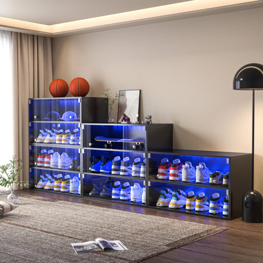US Local Black LED Light Shoe Box With Three Layers And Glass Door